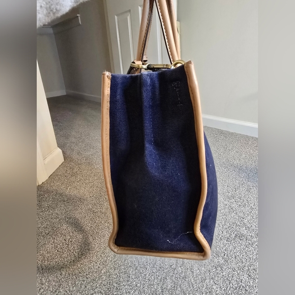 Michael Kors Mercer Large Canvas Leather Concertible Tote Navy Cream Tan - Picture 6 of 16